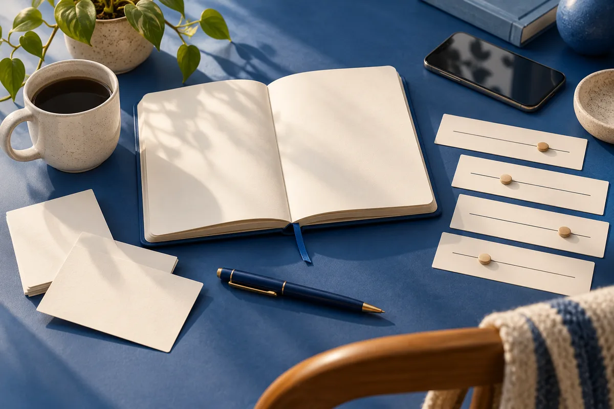 An open blank notebook, a pen, loose cards, and a smartphone sit on a blue table beside a coffee cup and potted plant.