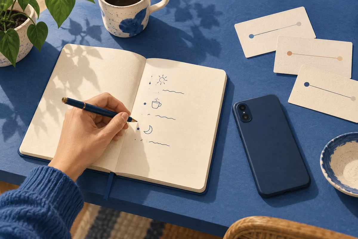 A hand writes beside sun, coffee cup, and moon sketches in a notebook, with a smartphone and cards showing colored points along lines nearby.