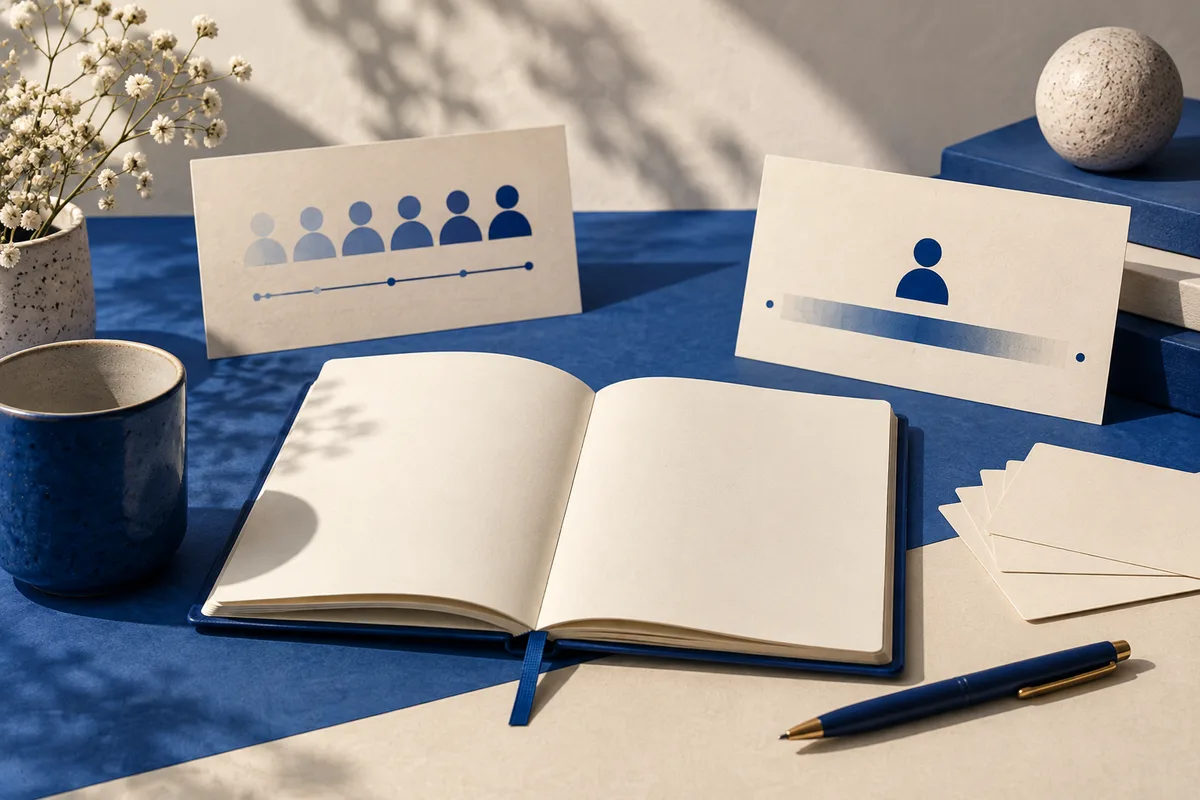 An open blank notebook and blue pen sit on a blue table beside cards with person symbols and horizontal scales, a cup, white flowers, and a stone sphere.
