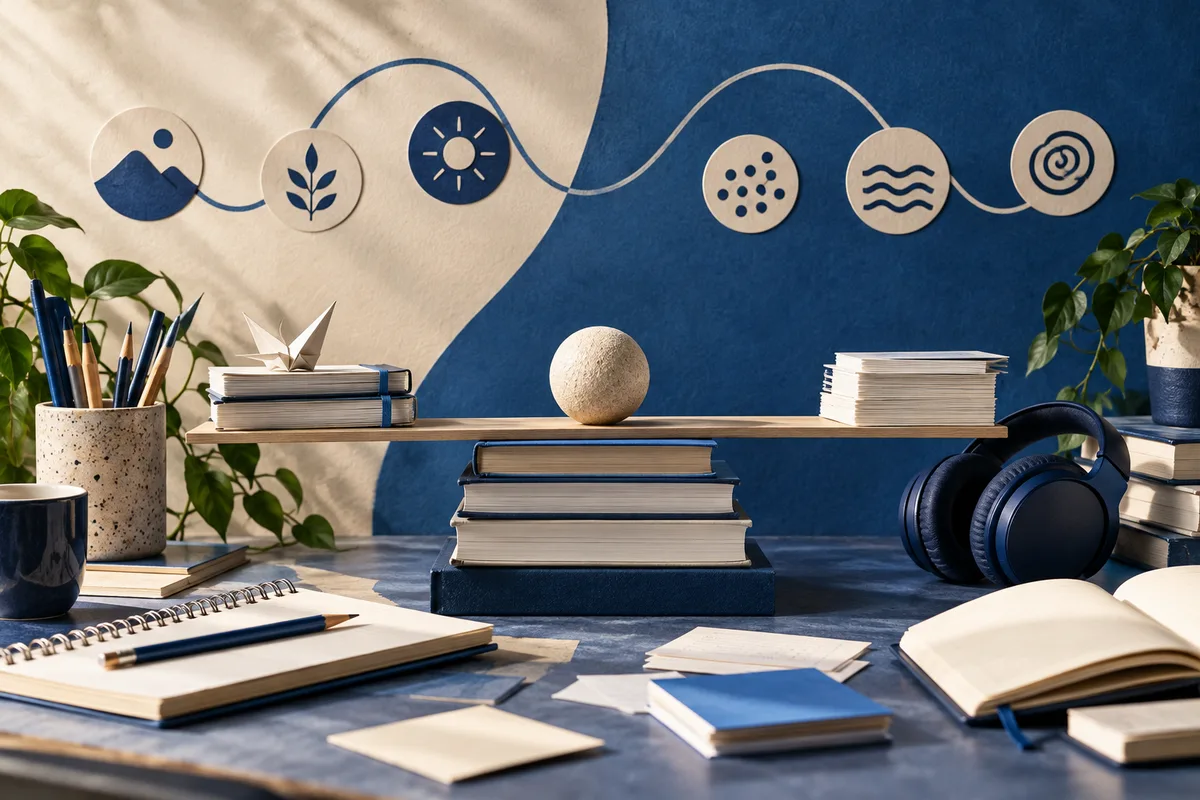 Study materials arranged on a desk with stacked books, notebooks, headphones, plants, and circular abstract symbols on a blue-and-cream wall.