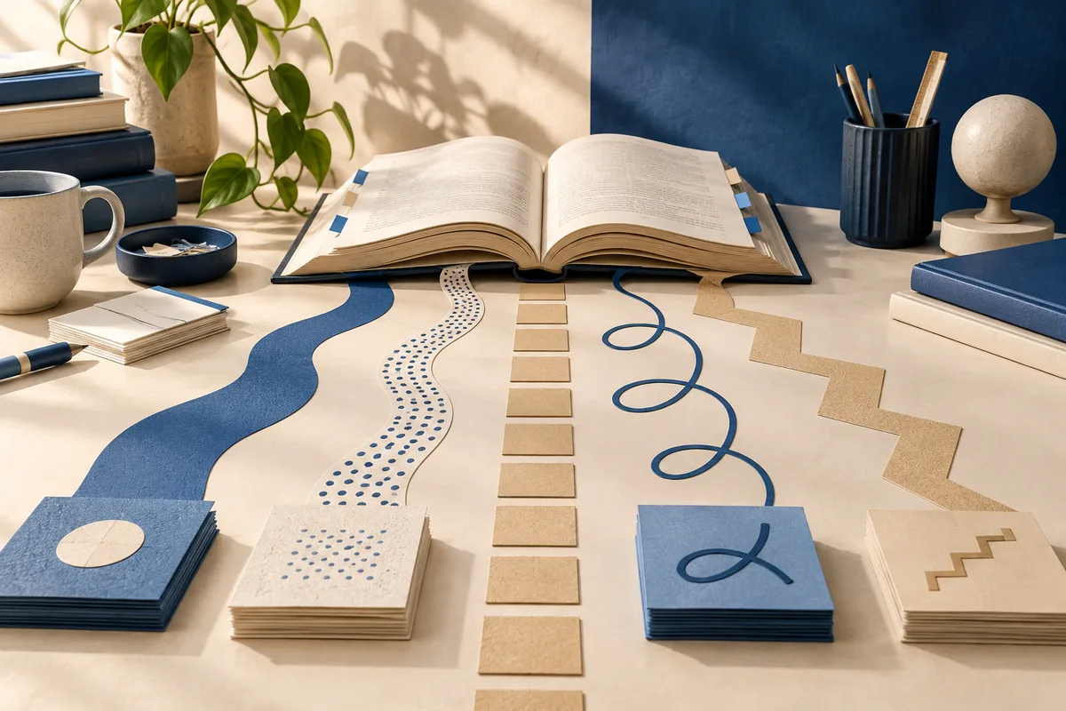 An open book on a desk above four paths made from blue and tan paper, dotted marks, square tiles, curves, and zigzags.
