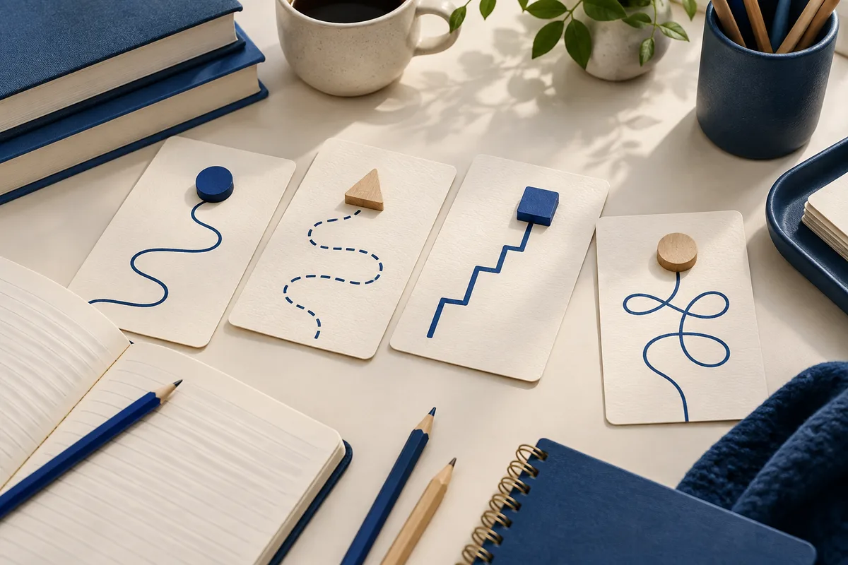 Four cards on a desk show blue and tan markers connected to wavy, dotted, stair-step, and looping lines, beside notebooks and pencils.
