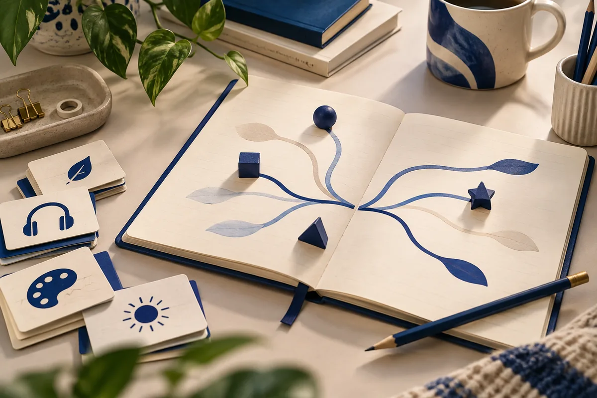 An open notebook shows branching blue and pale lines ending in leaf shapes and geometric pieces, surrounded by pencils, icon cards, books, a plant, and a mug.