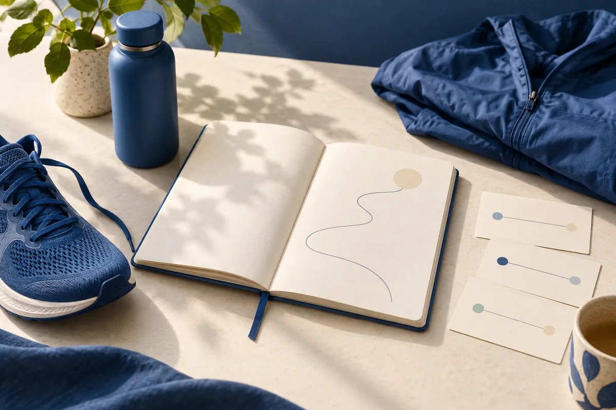 An open notebook with a simple winding line sits on a cream desk beside cards with colored dots, a blue water bottle, running shoes, a jacket, and a potted plant.