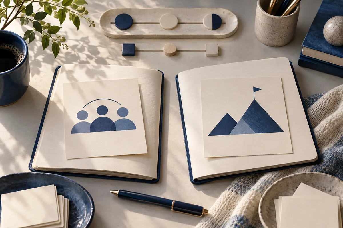 Two open notebooks show a group of three people and a mountain with a flag, beside small geometric pieces, a pen, coffee, books, and bowls on a sunlit table.