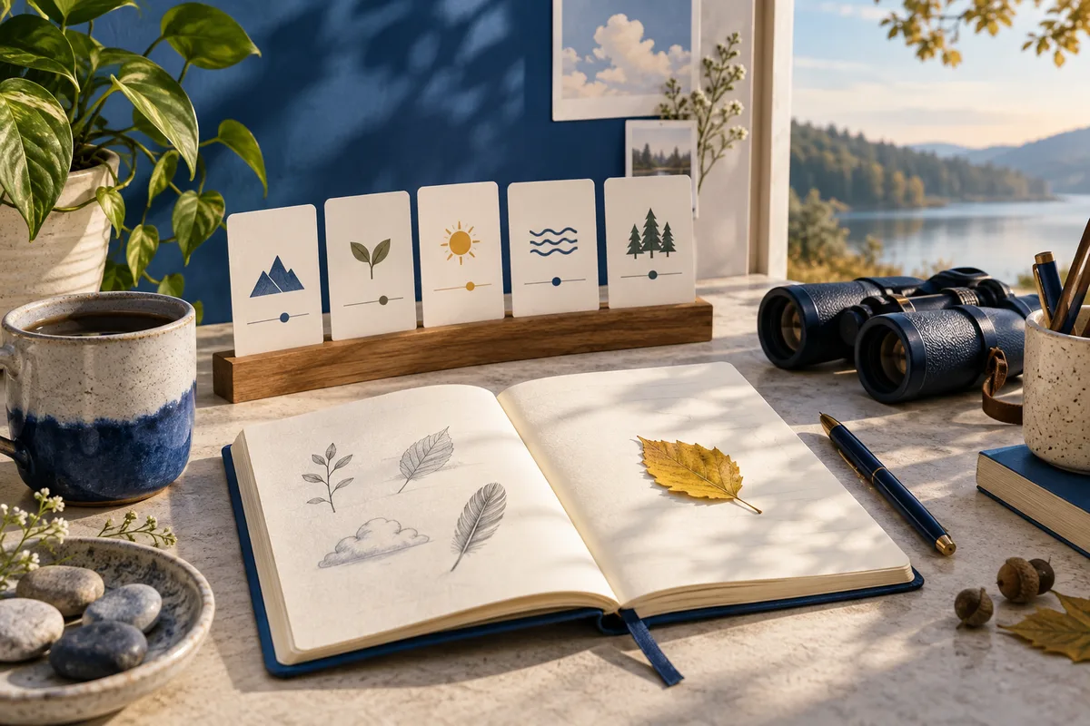 An open sketchbook with a leaf and nature drawings sits beside cards with simple nature symbols, binoculars, and a lakeside view.