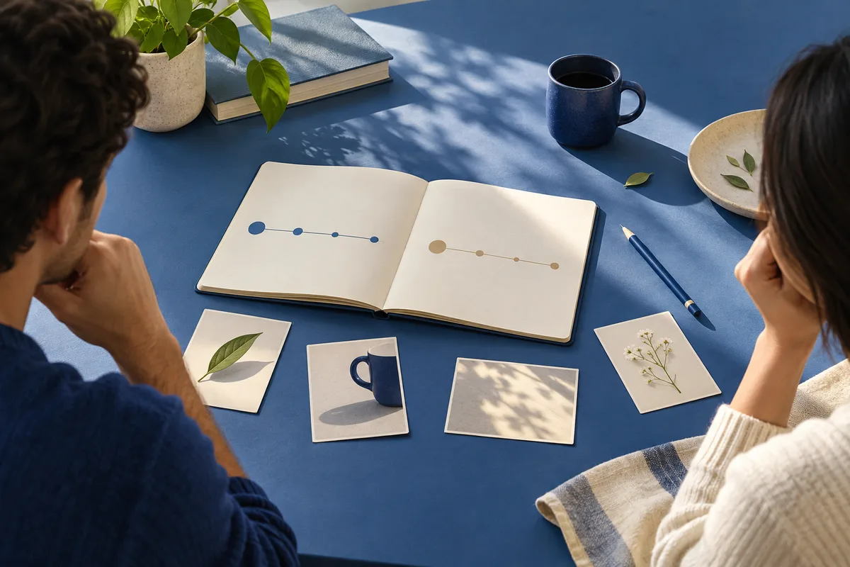 Two people sit at a blue table with an open notebook showing rows of dots, nature cards, a pencil, and cups.