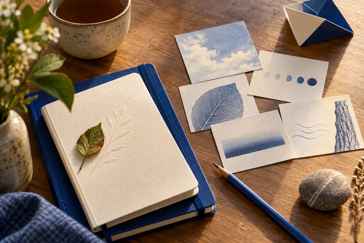 A closed notebook with a leaf rests beside illustrated cards showing leaves, clouds, waves, dots, and a blue pencil.