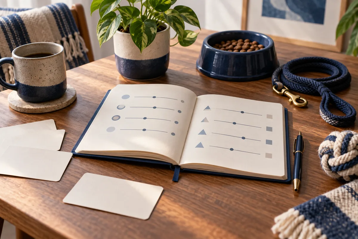 An open notebook with rows of simple shapes and sliders sits on a wooden table beside a coffee mug, potted plant, pet bowl, and coiled leash.