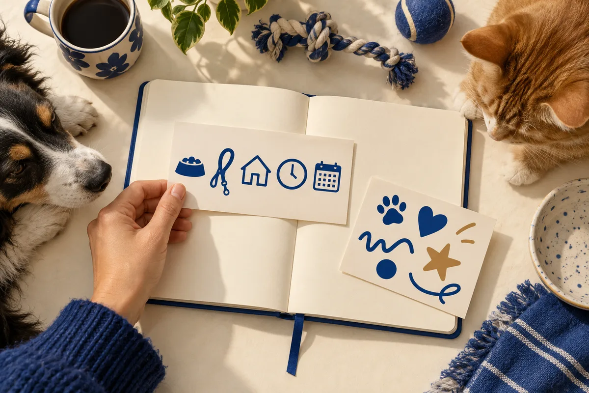 A dog and cat look toward an open notebook as a hand holds a card with blue pet-care icons; another card with playful shapes rests beside it.