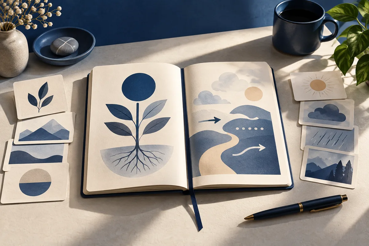 Open notebook showing a stylized plant with roots and a winding path, surrounded by illustrated cards, a pen, a cup, and plants.
