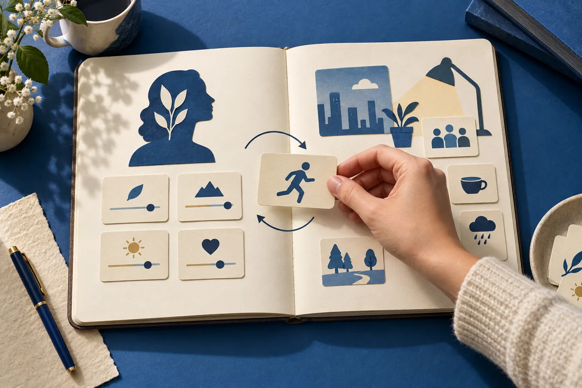 A hand holds a card with a running figure over an open notebook showing a profile silhouette, sliders, and illustrated indoor and outdoor scenes.