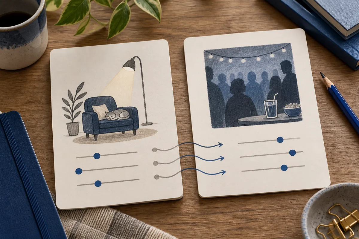 Two illustrated cards show a cat resting on a chair and a group of people at a gathering, with slider lines and arrows between them.