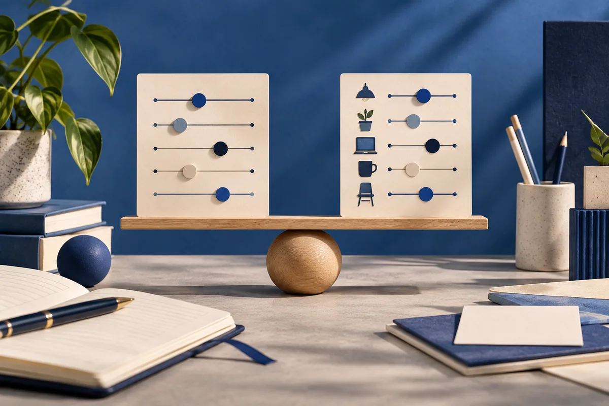 Two cream panels show rows of colored markers on horizontal lines, with a small plant, laptop, cup, and chair icons on the right. They sit on a desk with books, notebooks, pens, and potted plants against a dark blue wall.