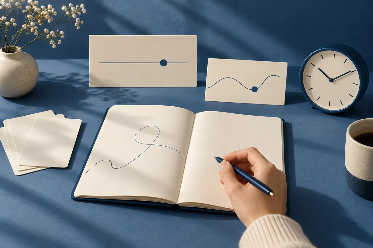 An open notebook with a looping line drawing sits on a blue table beside a hand holding a pen, two cards with simple line diagrams, a clock, blank cards, a vase of flowers, and a cup.