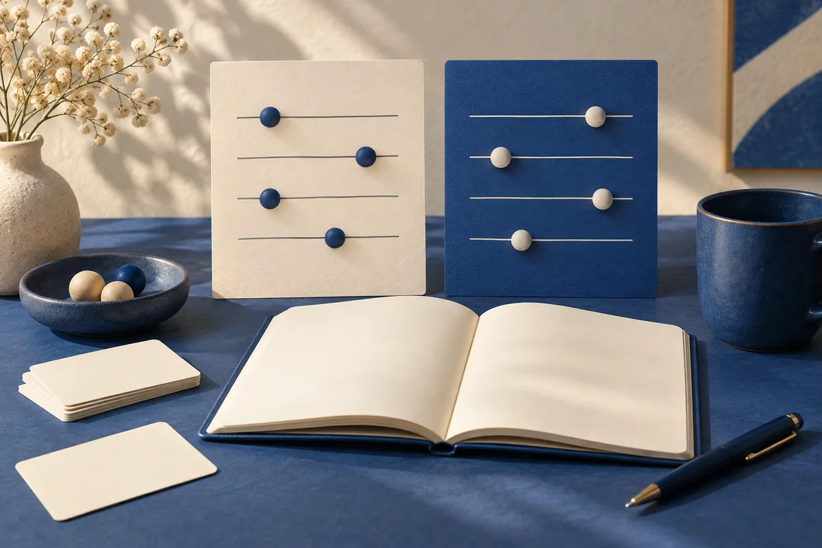 An open blank notebook and pen sit before two boards with horizontal lines and blue or cream dots. A vase, bowl of round pieces, mug, and blank cards are arranged on the blue table.