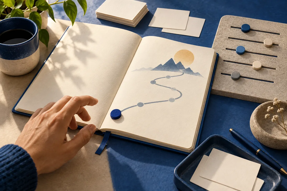 An open notebook shows a winding path of round markers toward mountains and a sun, beside a hand and a stone board with sliders.