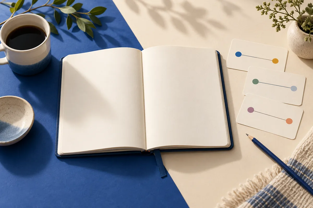 An open blank notebook on a blue and cream desk beside a coffee cup, plant, pencil, and cards with colored dots connected by lines.