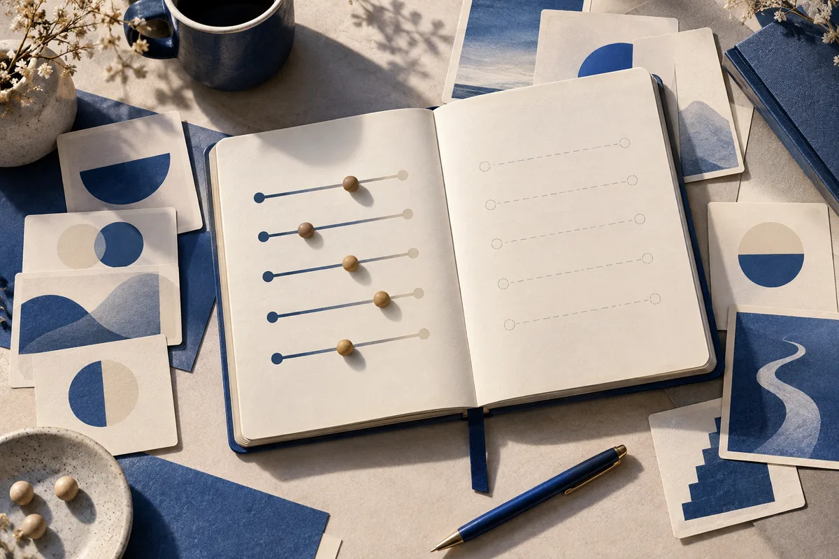 Overhead still life of an open notebook with five wooden markers on horizontal lines, faint lines on the facing page, abstract blue-and-cream cards, a blue pen, and a dark mug.