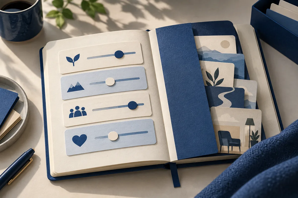Open notebook showing four blue-and-cream slider cards with plant, mountain, group, and heart icons; illustrated cards are tucked into a pocket on the facing page.
