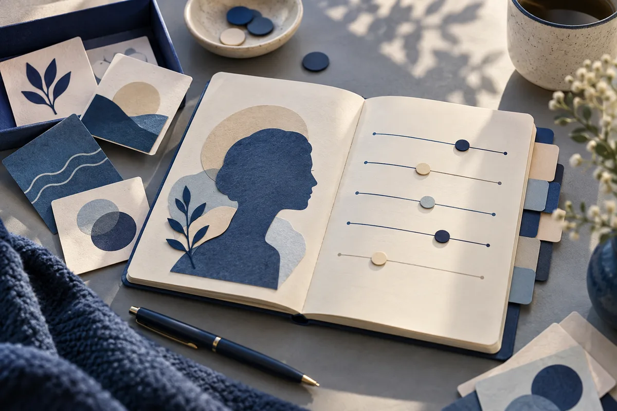 Open notebook with a blue human profile silhouette, a leaf, and abstract circles on one page, and five horizontal lines with colored markers on the other.