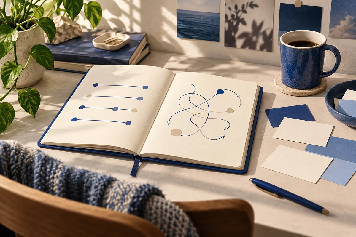 An open notebook with abstract line-and-dot diagrams sits on a desk beside a blue mug, loose cards, and a pen.