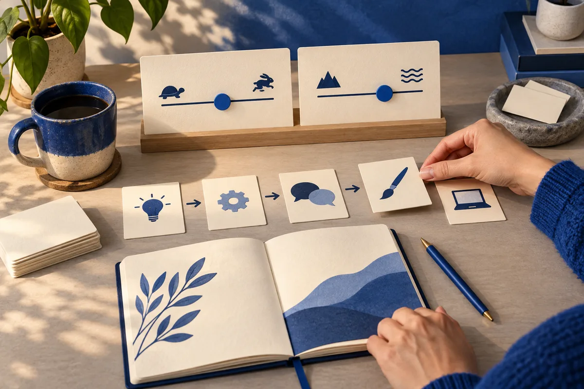 A hand arranges illustrated cards in a sequence beneath two slider cards, beside an open notebook with a plant drawing and blue shapes.