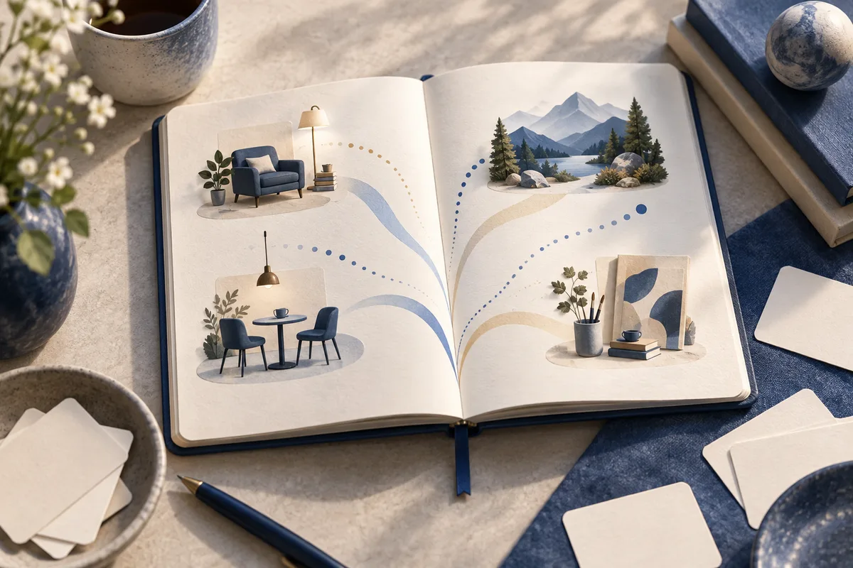 An open illustrated notebook shows a living room, a table setting, a mountain lake, and a desk connected by dotted paths. A pencil, loose cards, and plants sit around it.
