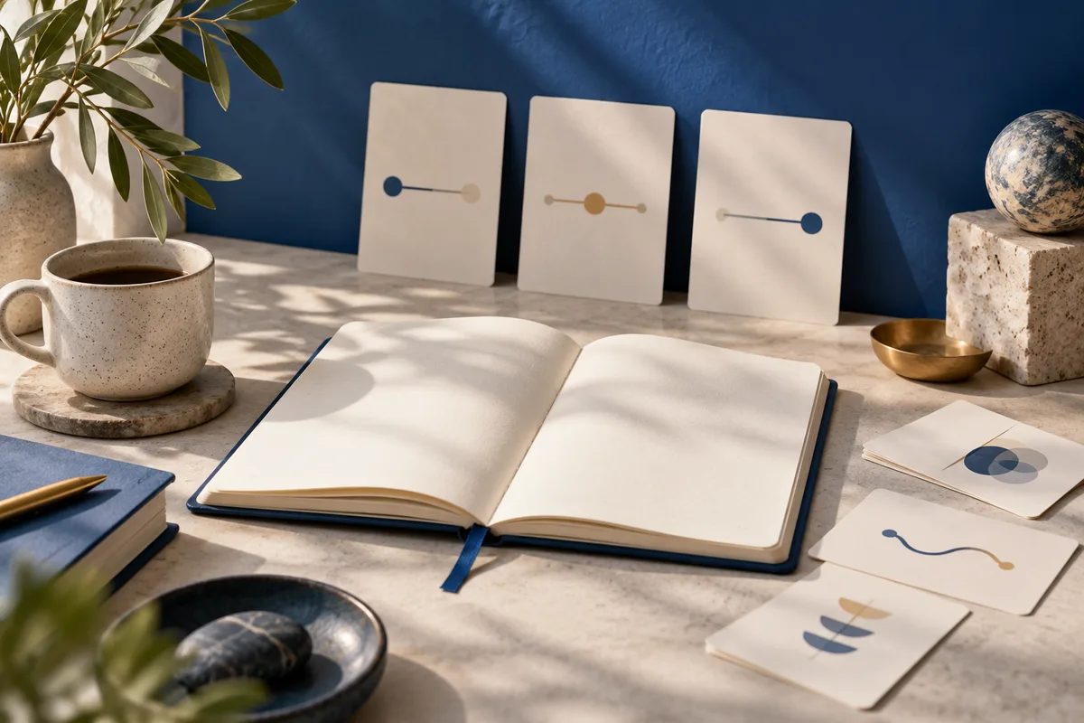 An open blank notebook sits on a cream desk beside three cards with dot-and-line graphics, a cup of coffee, a small plant and a globe.