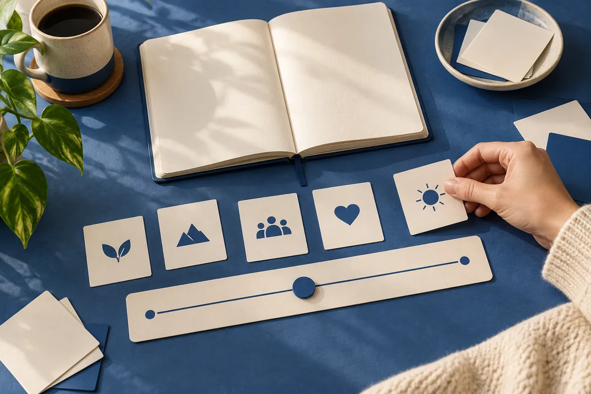 A hand arranges icon cards beside an open notebook and a long slider card with a movable blue marker.