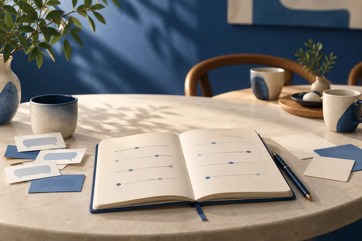 An open notebook with lines and dots sits on a table beside a pen, mugs, and paper cards with speech-bubble shapes. A leafy plant and chairs are in the background.