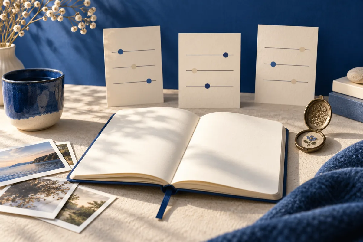 An open blank notebook sits beside landscape photographs and three cards with simple lines and colored dots.