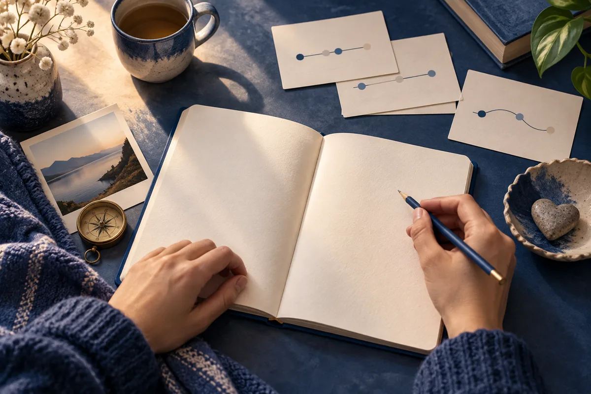 Hands hold a pencil over an open notebook, with cards marked by lines and dots, landscape photographs, and a compass nearby.