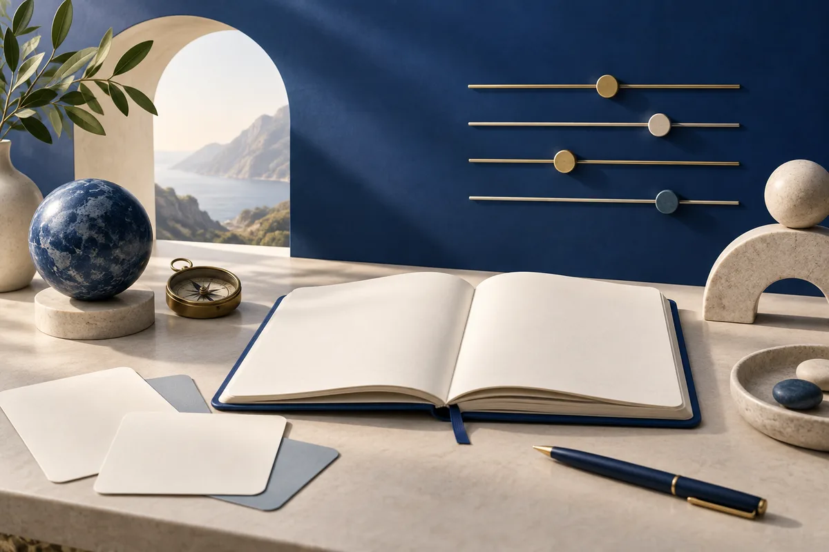 An open blank notebook and pen sit on a desk beside a small compass and globe. Four horizontal sliders with round markers hang on the dark blue wall behind them, with a bright arched window and leafy branch at left.