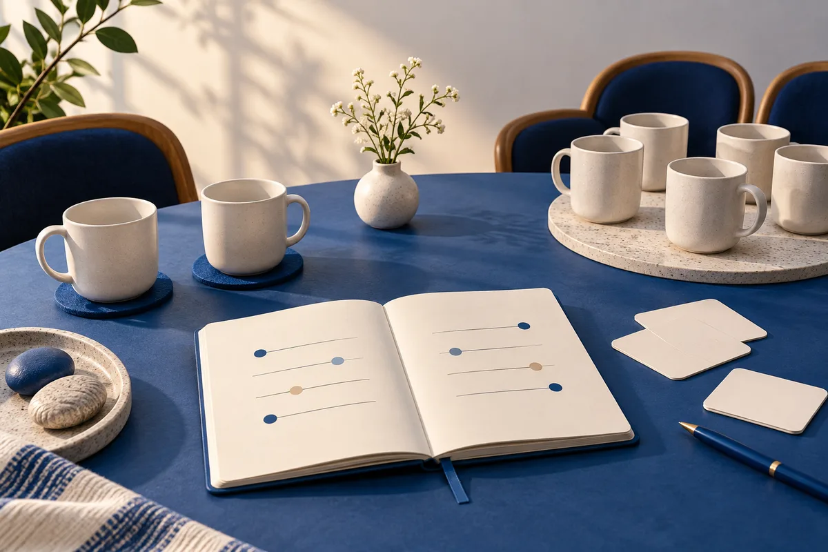 An open notebook with colored markers on its pages sits on a blue table among mugs, chairs, a small vase of flowers, and blank cards.