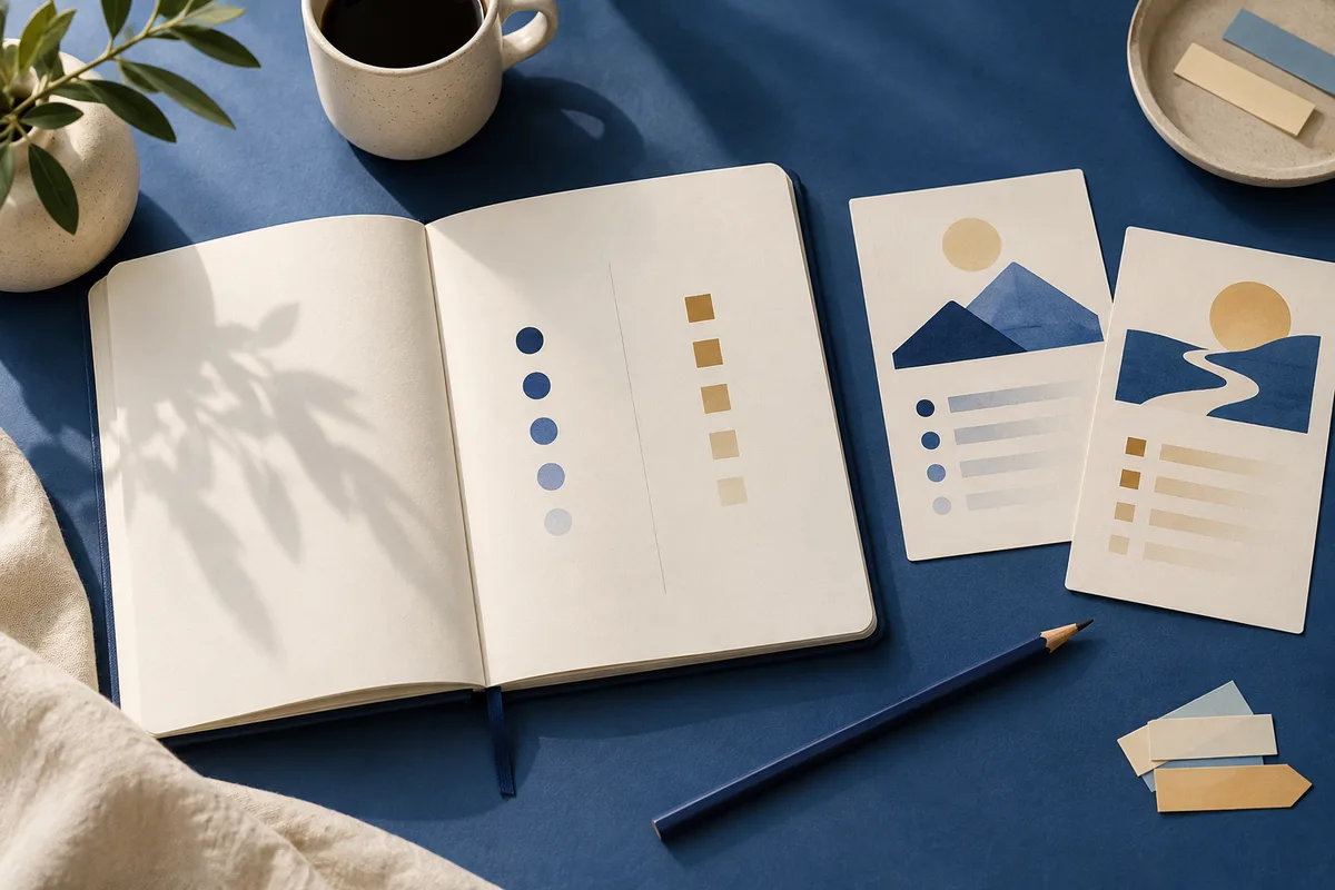 An open notebook with rows of blue dots and tan squares sits beside two illustrated cards on a dark blue desk.