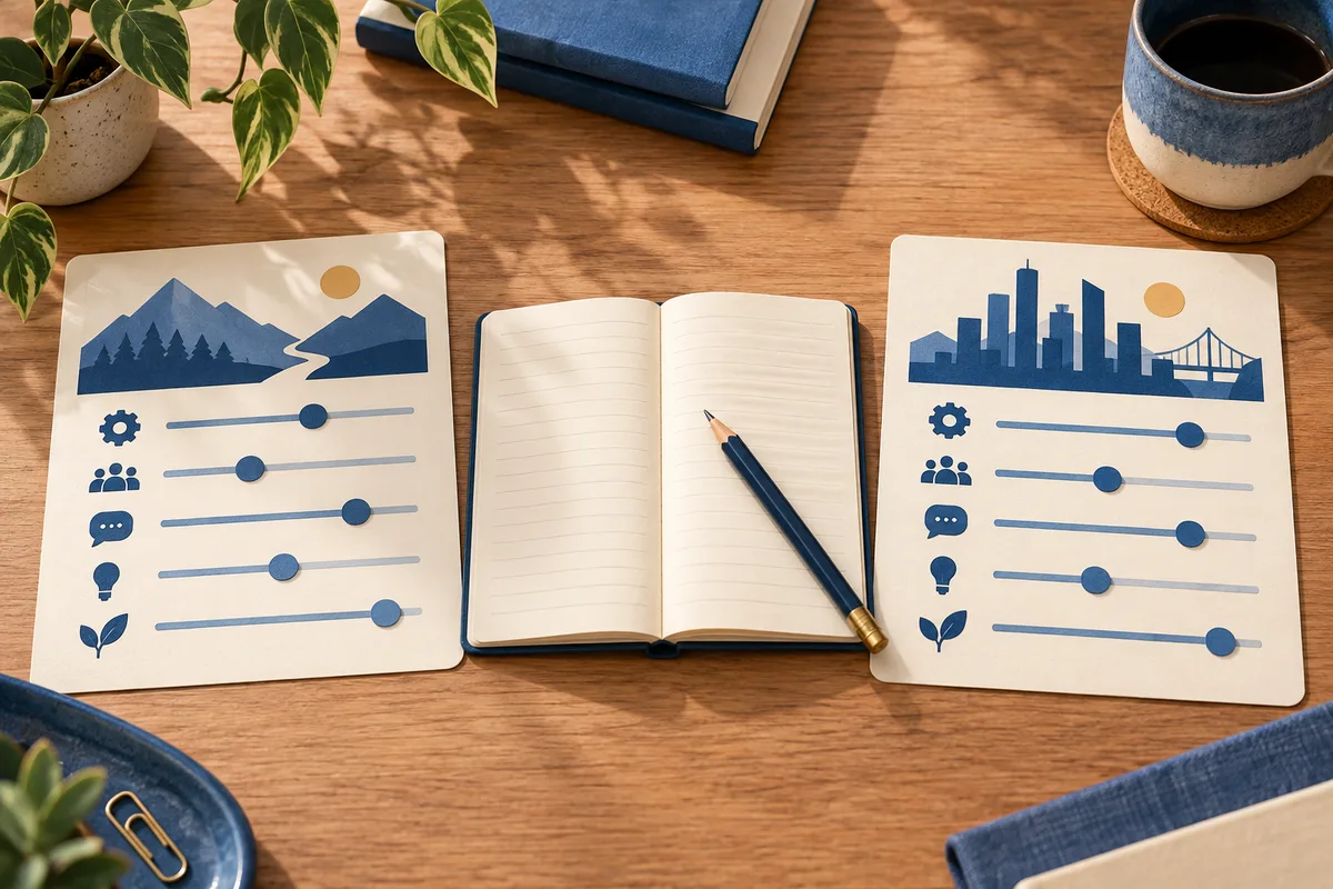 Two illustrated cards with slider rows flank an open notebook and pencil on a wooden desk.