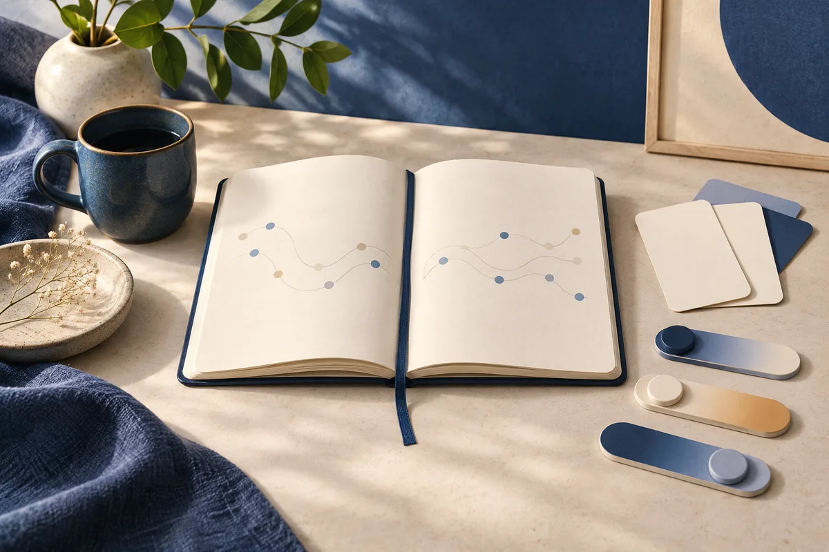 An open cream notebook with dotted curved lines sits beside blank cards and blue-and-cream sliders on a sunlit table with a mug and plant.