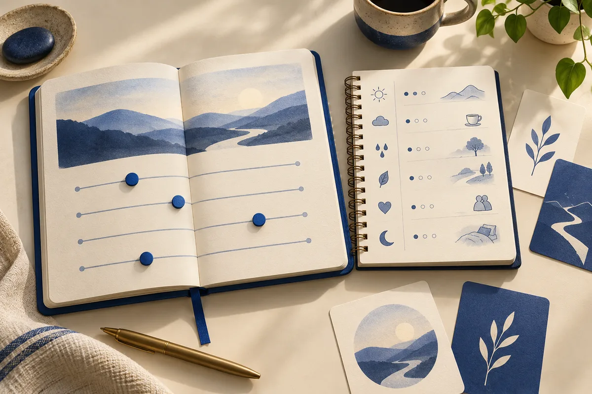 An open notebook shows a mountain landscape and adjustable lines, beside a spiral notebook with rows of small weather, nature, and daily-life icons.
