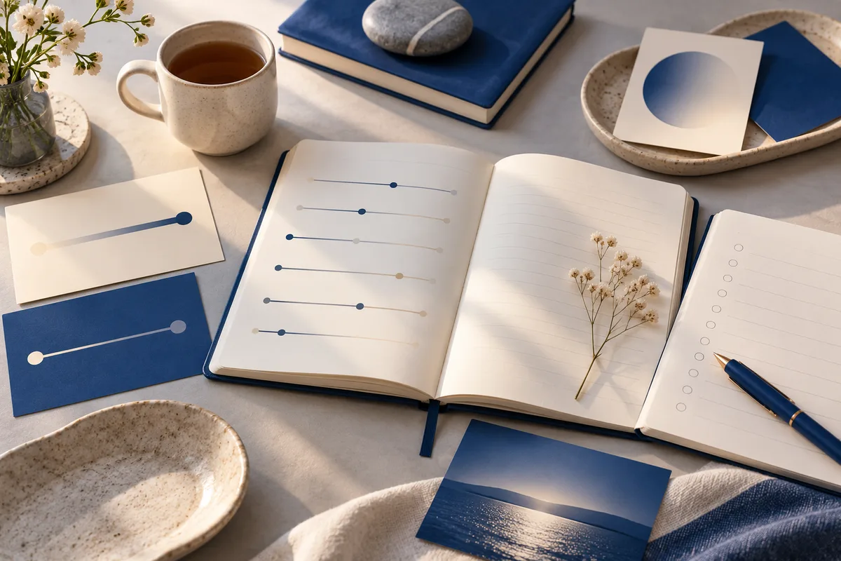 Open notebook with rows of blue and beige lines and dots beside blank cards and a cup of tea.