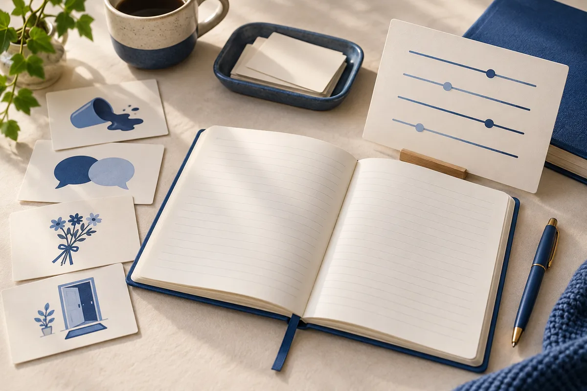 Open blank notebook beside cards with speech bubbles, a card showing a door, and three blue lines with dots.