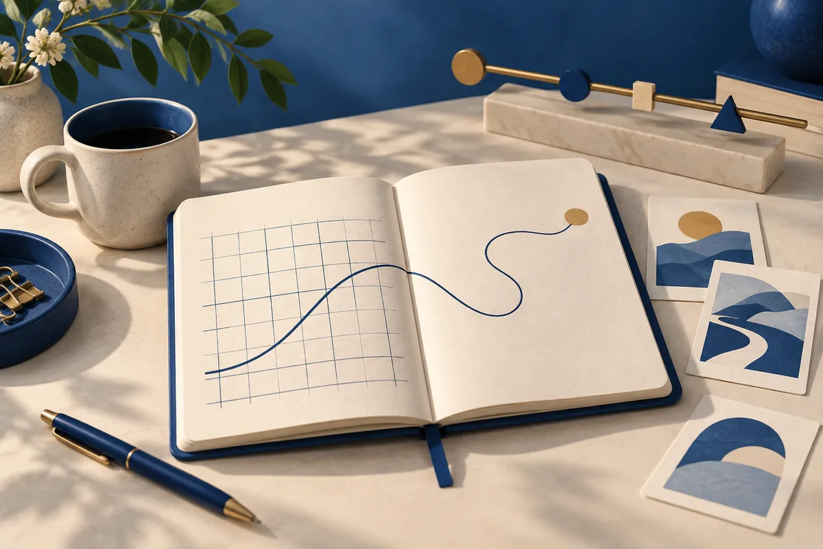 An open notebook shows a gridded page with a rising curve and a facing page with a winding line. A blue pen, coffee mug, flowers, and small abstract cards sit on the cream desk.