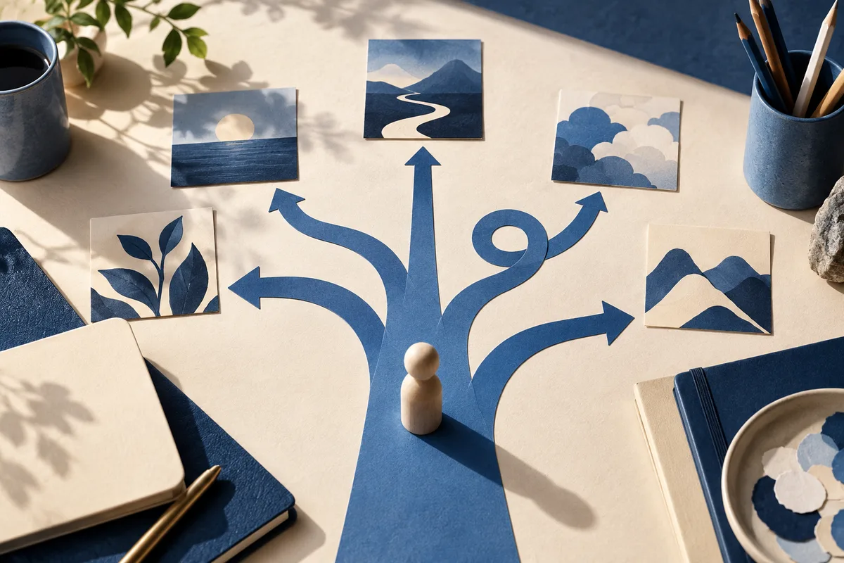 A small wooden figure stands on blue branching arrows surrounded by picture cards, notebooks, a cup, and pencils on a cream tabletop.