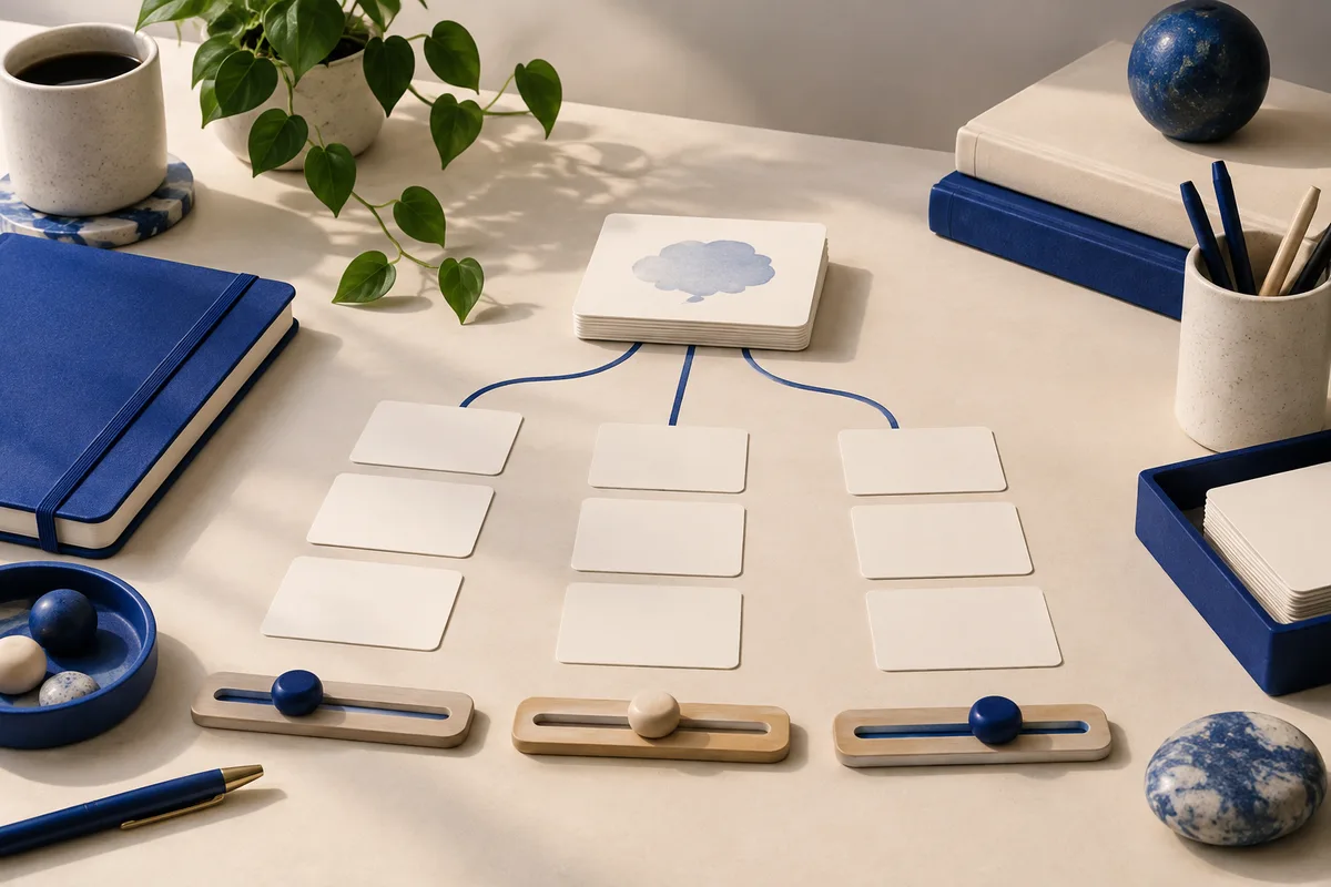 Blank cards are arranged beneath a card with a pale cloud shape, with three wooden sliders, notebooks, a plant, cups, and blue objects on a tabletop.