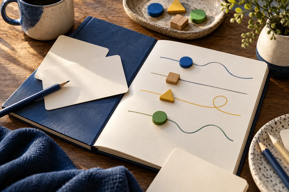 An open notebook shows colored wavy lines with blue, yellow, green, and wooden shapes, beside blank cards, a pencil, a cup, and a plant.