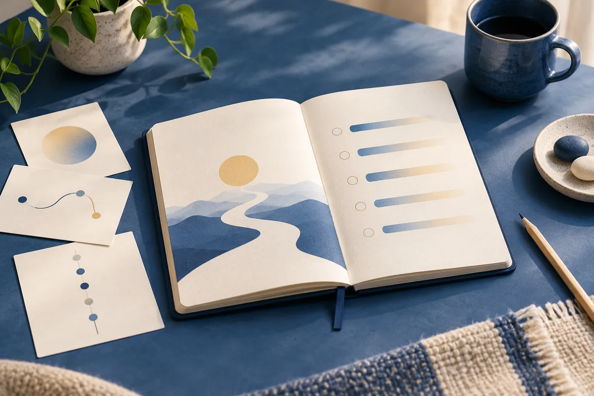 Open notebook with a winding path illustration and blank checklist beside abstract cards, a plant, mug, and pencil.