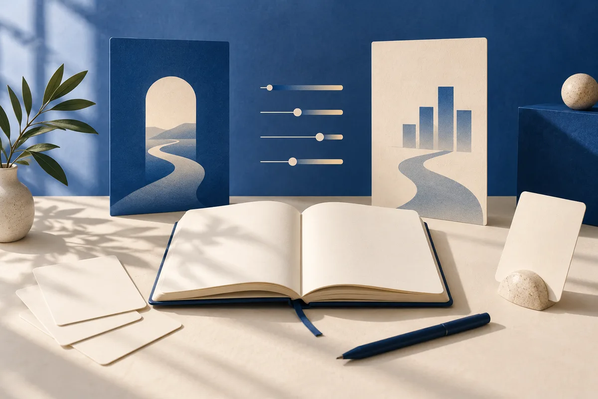 An open blank notebook and pen sit before two cards with abstract path and bar-chart designs, with four slider lines between them.