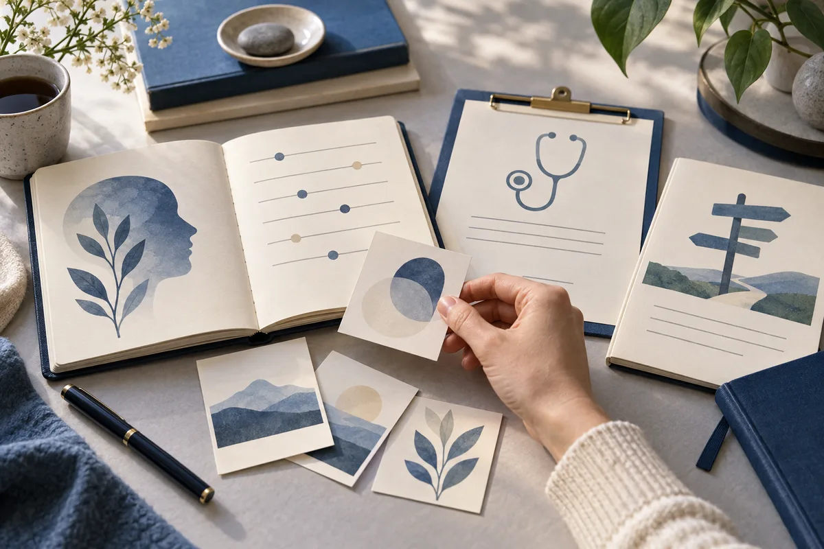 An overhead arrangement of illustrated notebooks and cards shows a leafy profile, slider lines, a stethoscope, and a signpost; a hand holds a card with overlapping circles.