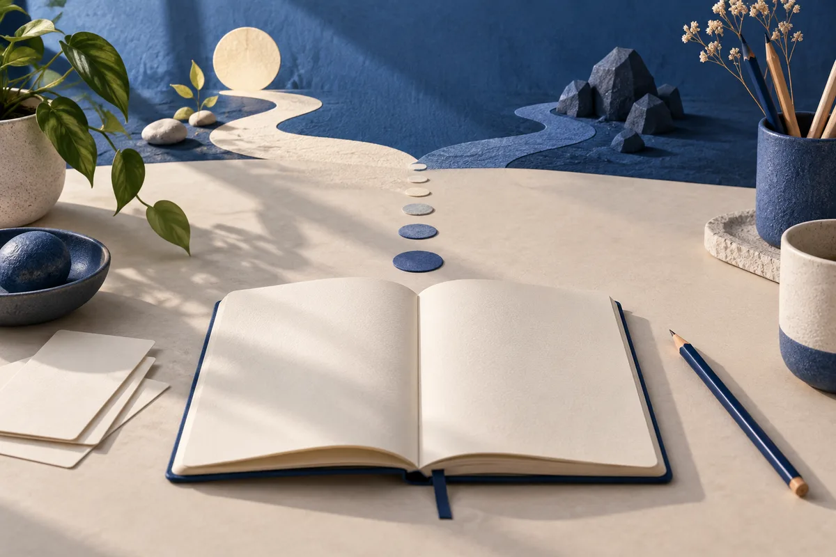 An open blank notebook sits before a winding cream path and a dark blue path marked by round stones, with a potted plant and pencil nearby.