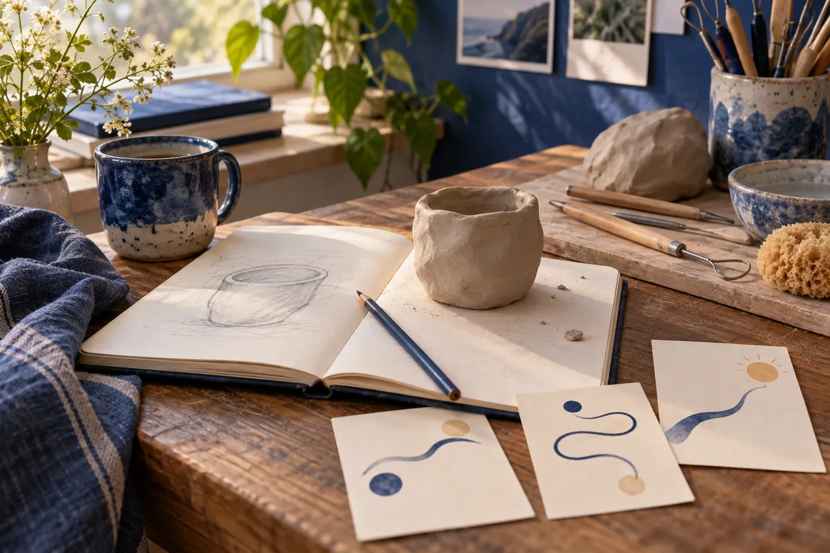A small clay pot rests on an open sketchbook at a pottery table, surrounded by tools and cards showing simple winding paths.